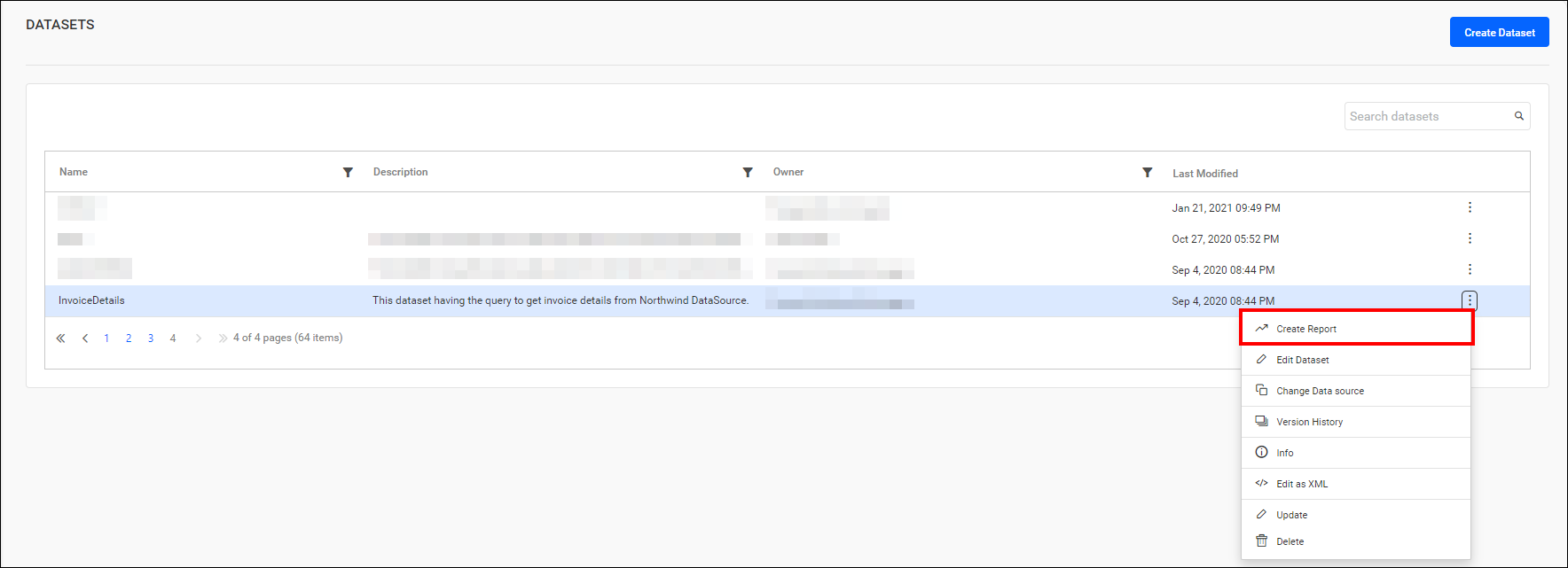 Create new report with dataset