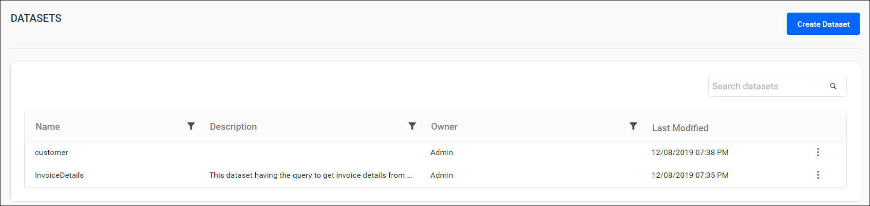 Added datasets list view