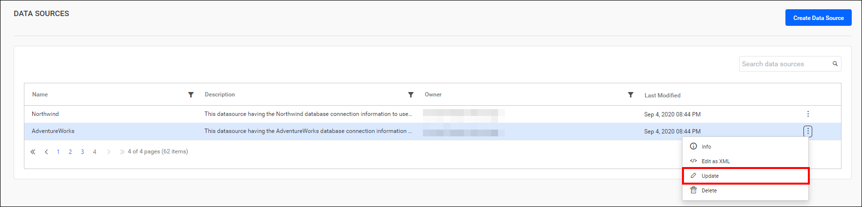 Update datasource menu option