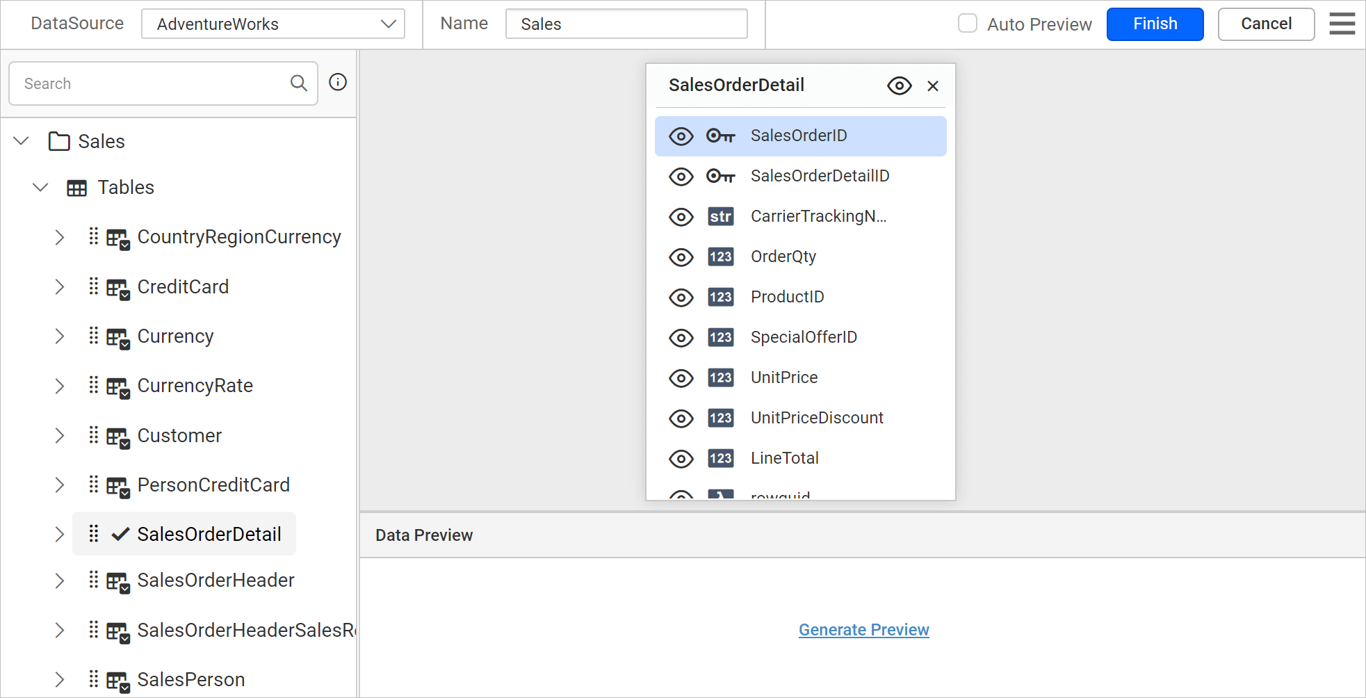 Query designer with query table