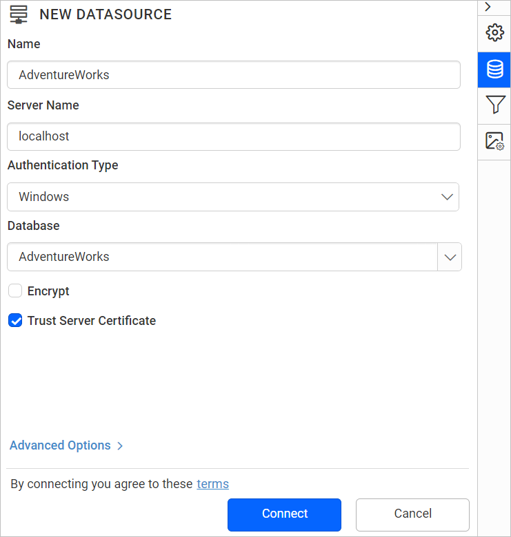 New data source connection panel
