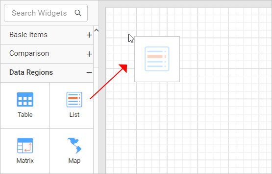 Drag and drop list report item into design area