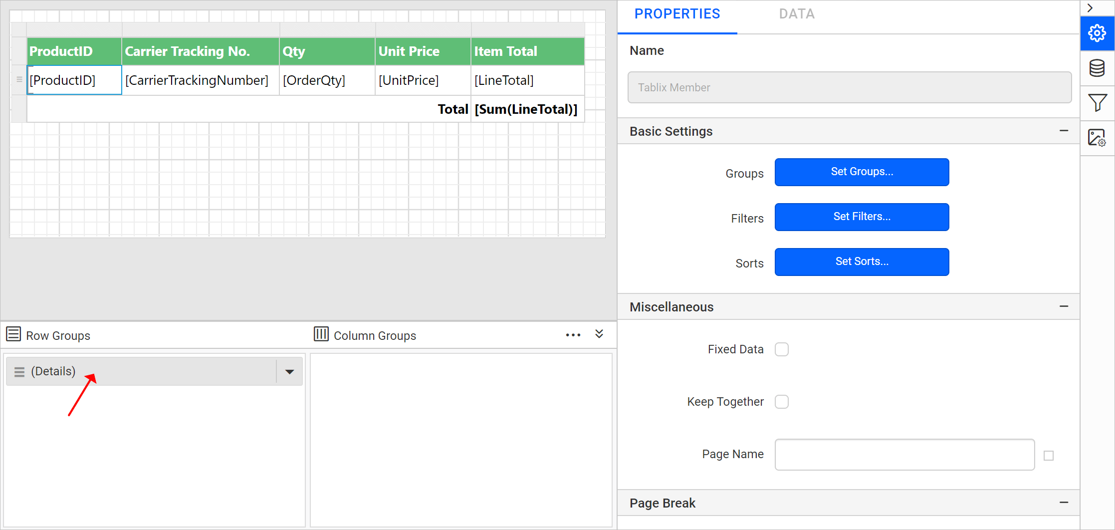 Open tablix member properties