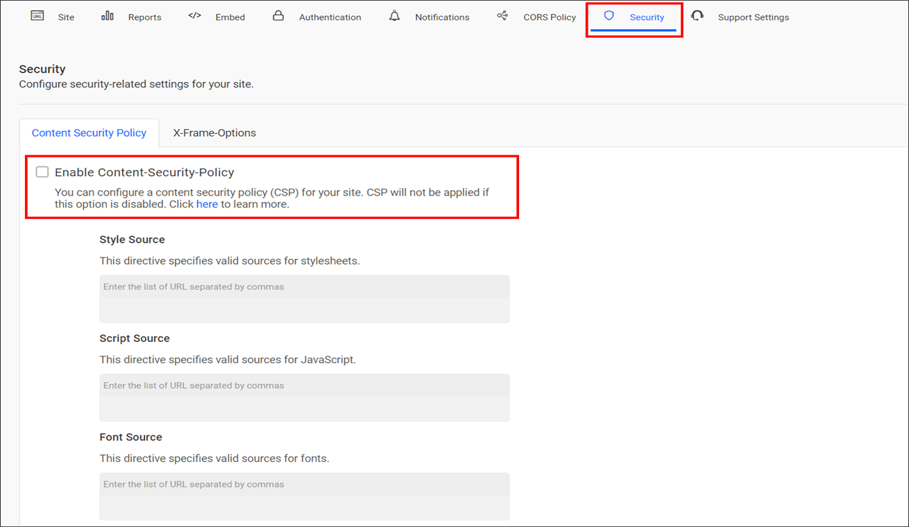 Content Security Policy settings