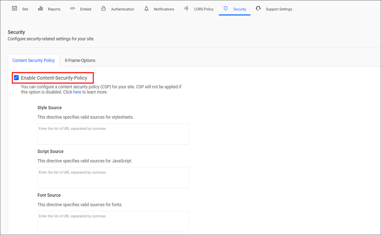 Enabled Content Security Policy settings