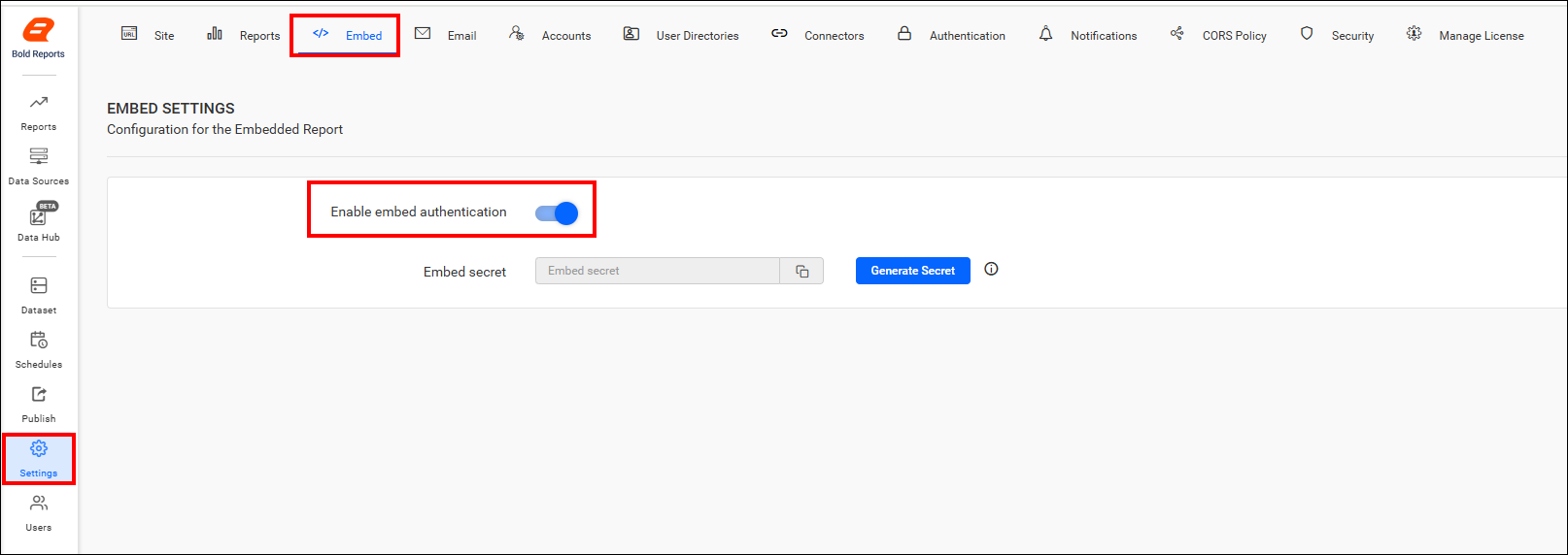 Embed settings page