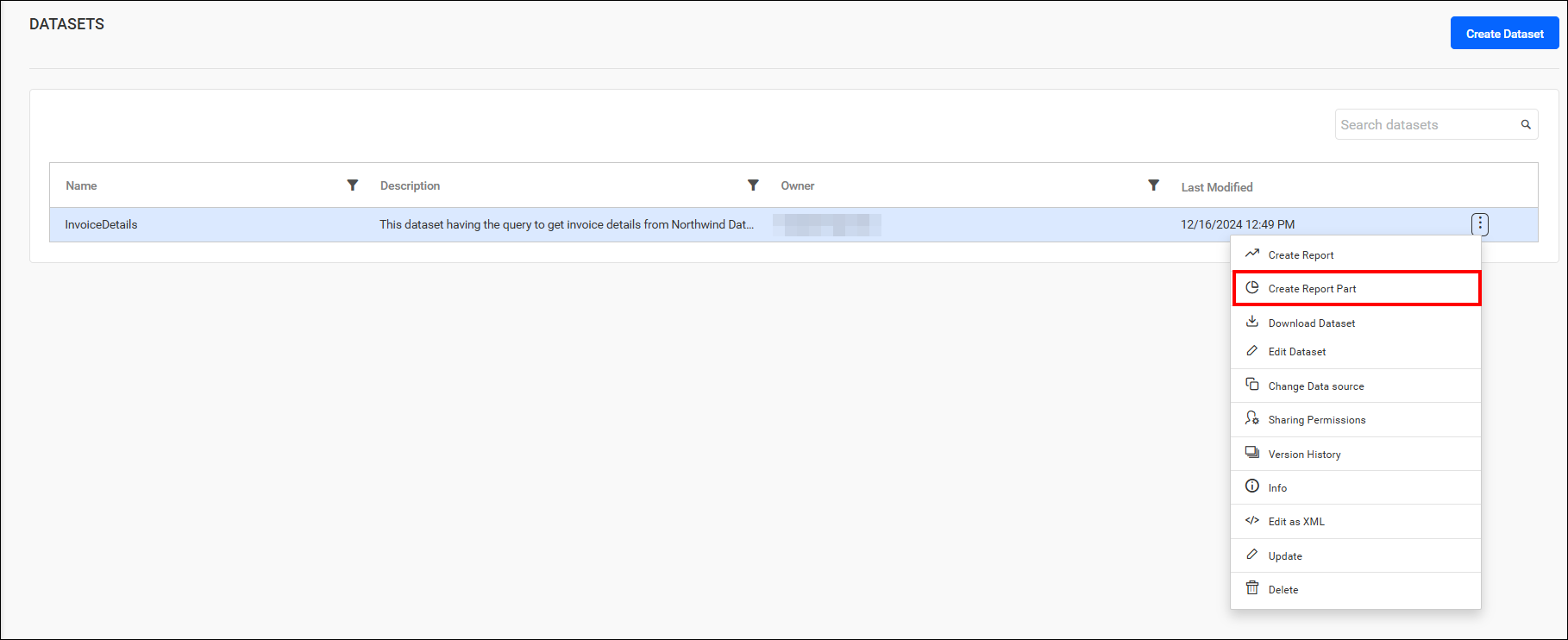 Create new report part with dataset