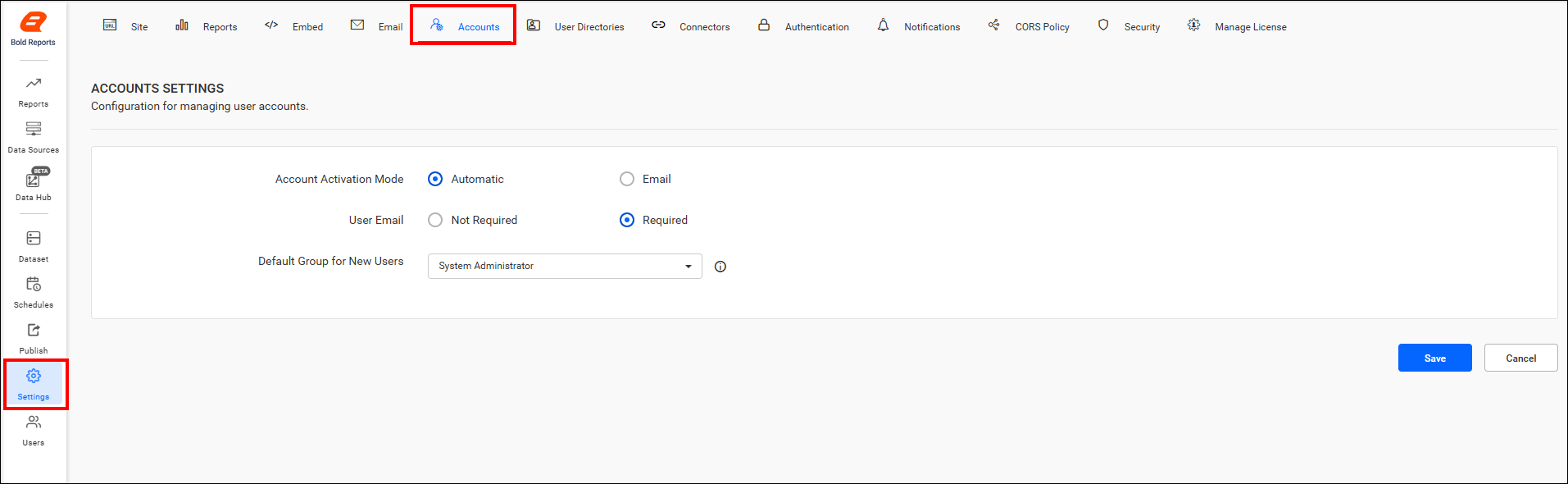 Open Account activation settings