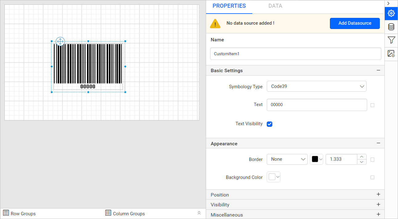 Barcode item with properties view