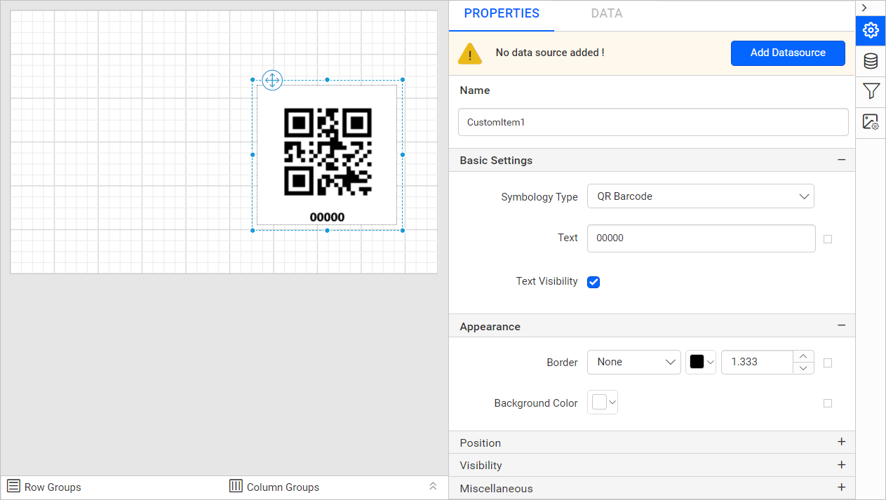 Barcode item with properties view