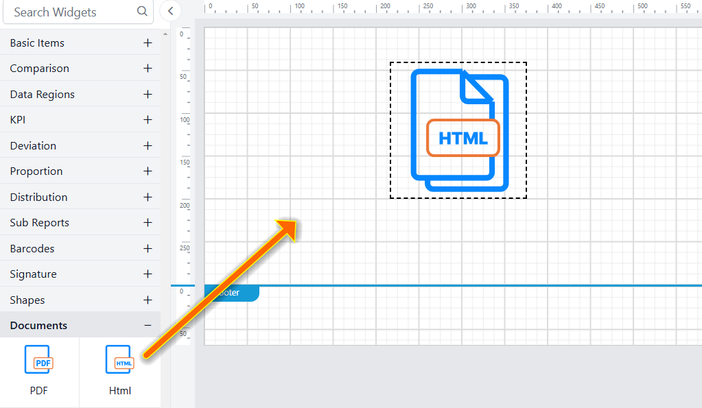 Drag and drop html report item into design area