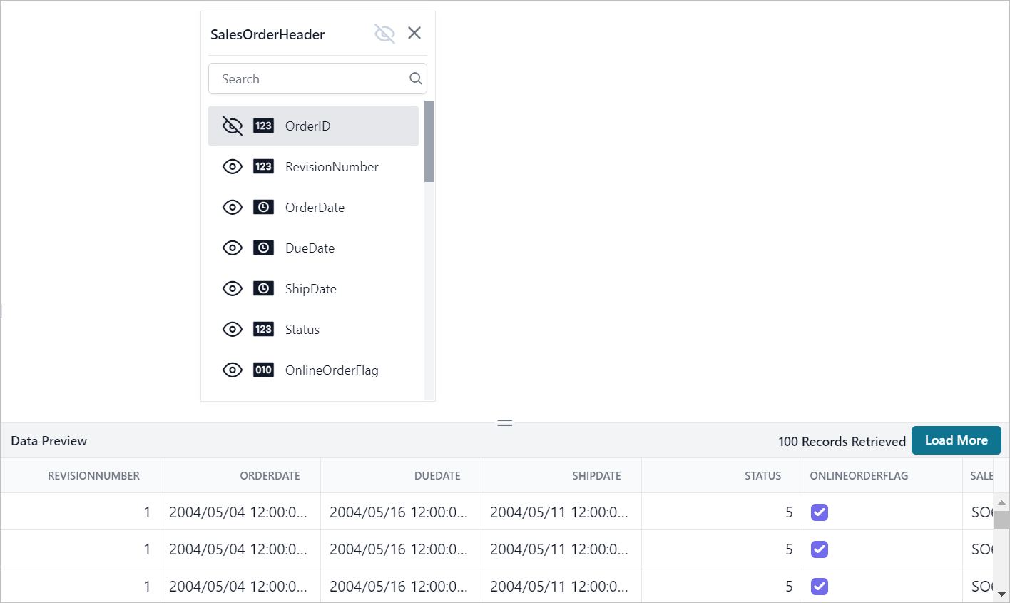 Data preview after column exclude action