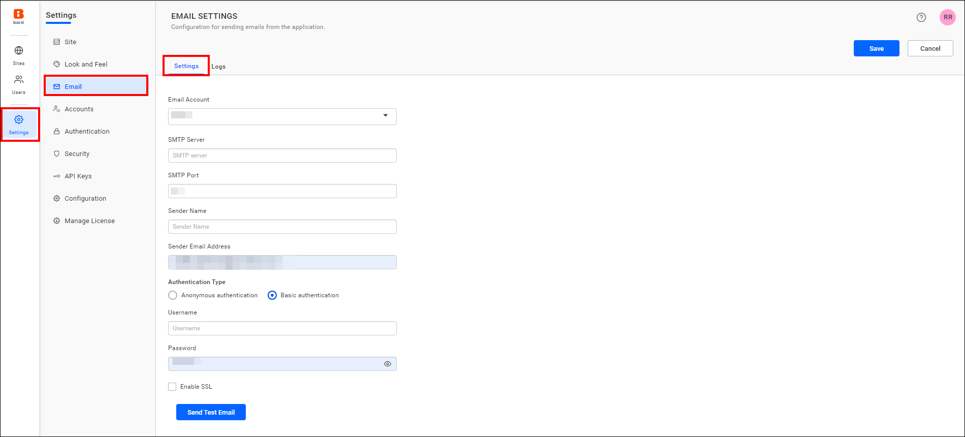 Email Settings page