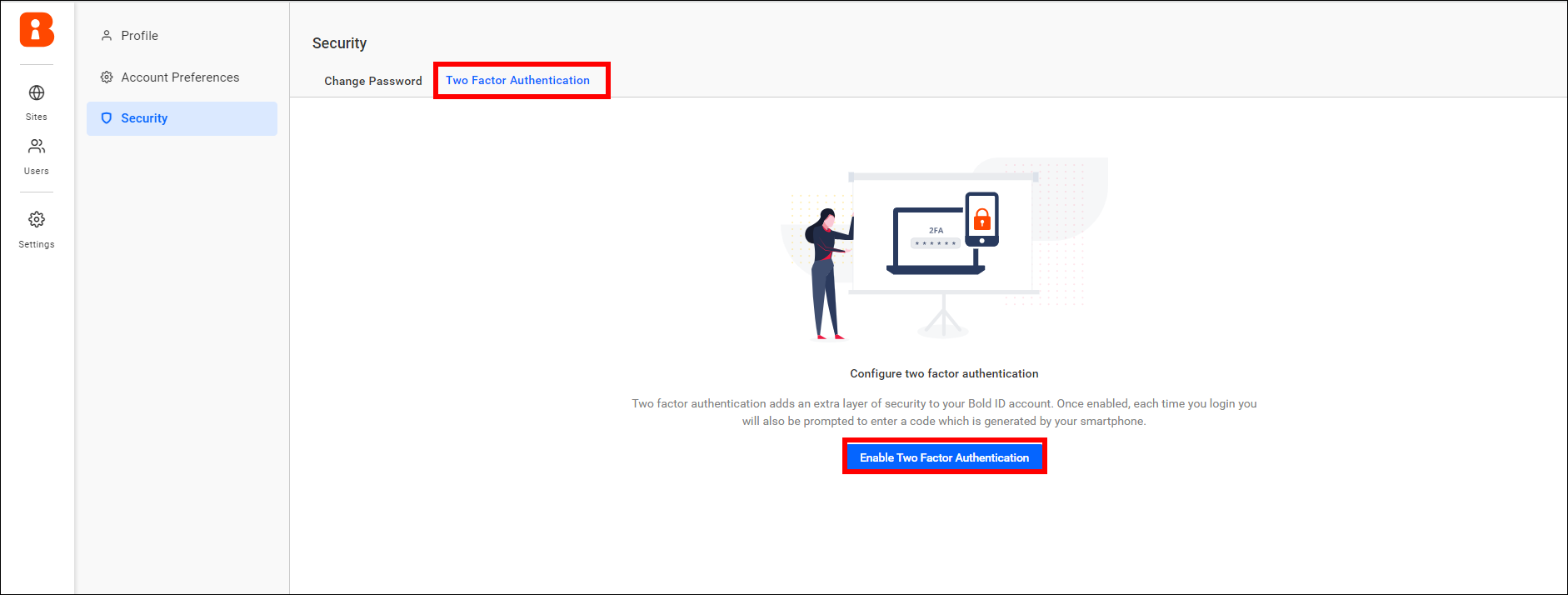 Two factor authentication tab
