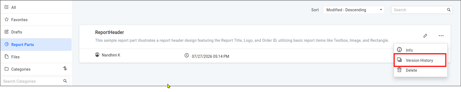 Report Part Version History