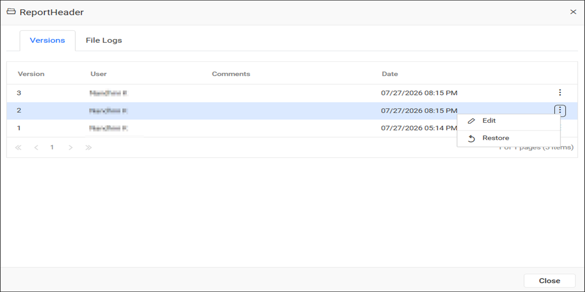 Restore Report Part Version
