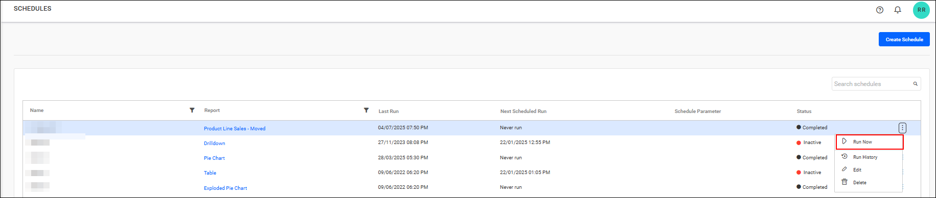 Run now schedule