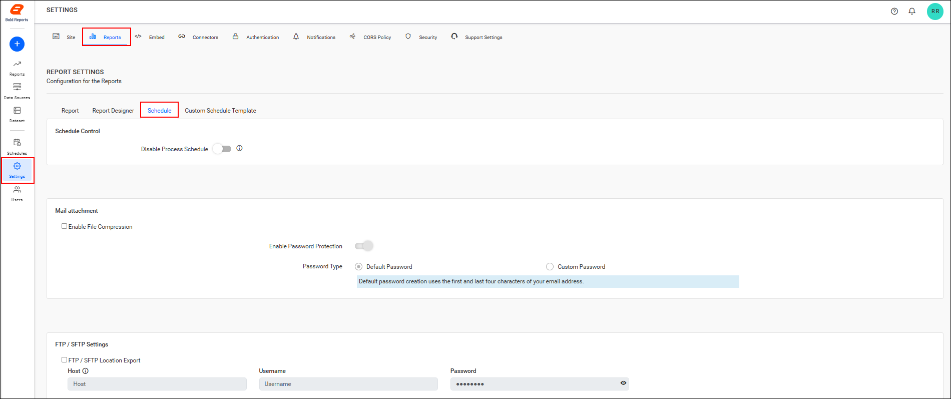 Schedule report settings tab in Report Server