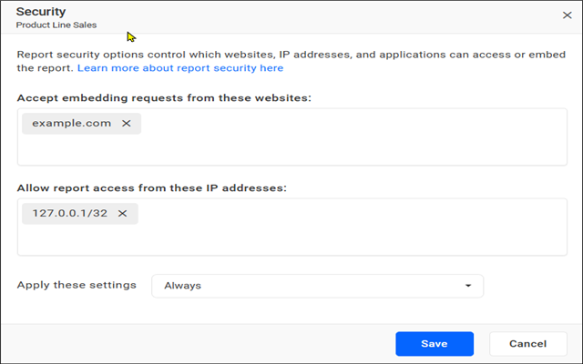 Configured report security settings with domains and IP addresses