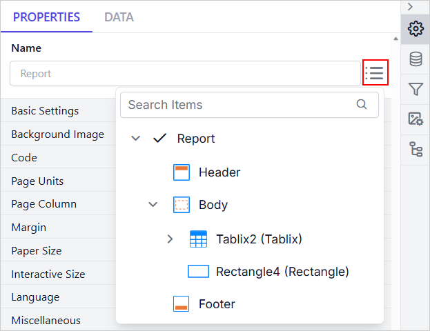 Popup list of Property Navigator with report elements