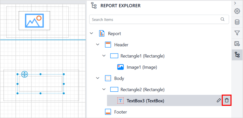 Report Explorer Delete icon on hover