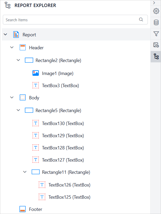 Report Explorer hierarchy view showing sections and items