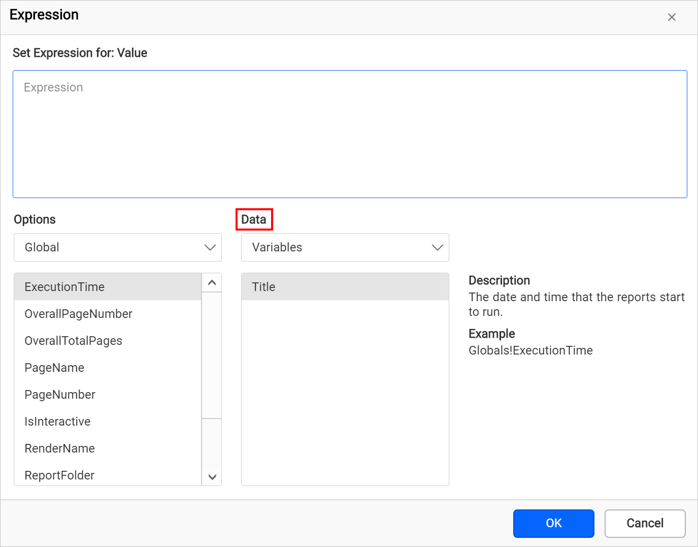 Variables listed in expression builder