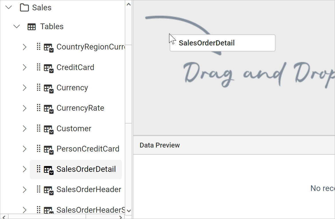 Drag and drop query table to design area