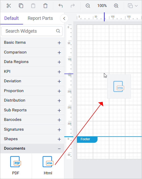 Drag and drop html report item into design area