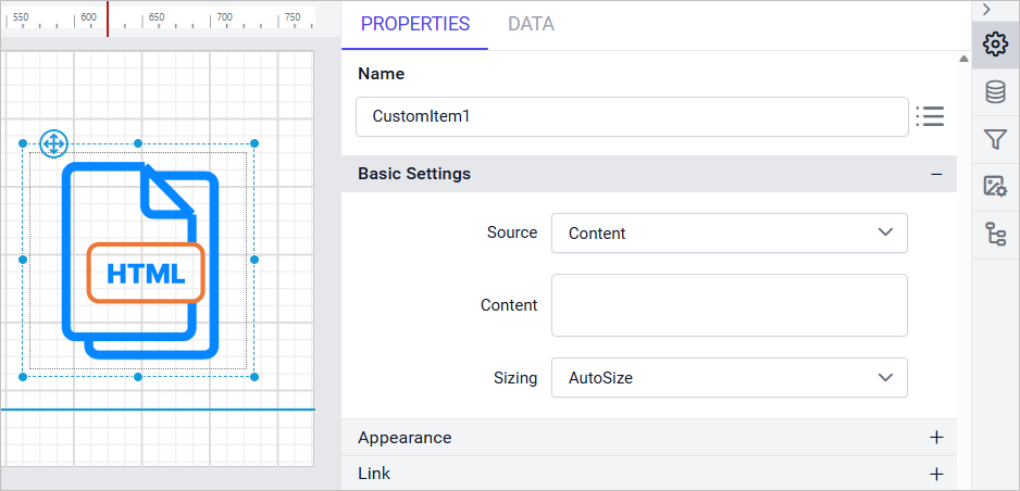 HTML item with properties view