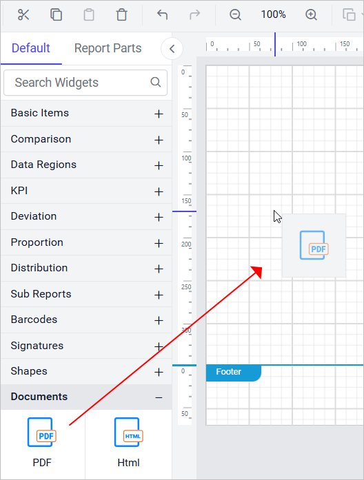 Drag and drop pdf report item into design area