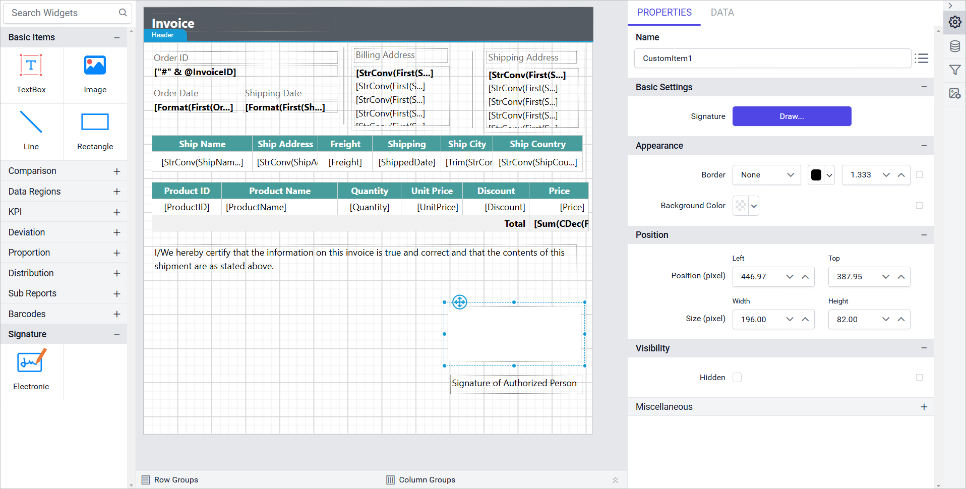 Signature item with properties view