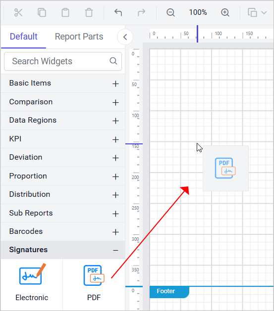 Drag and drop PDF signature report item into design area