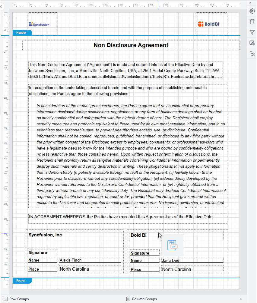 Drag and drop signature into Non Disclosure Agreement report