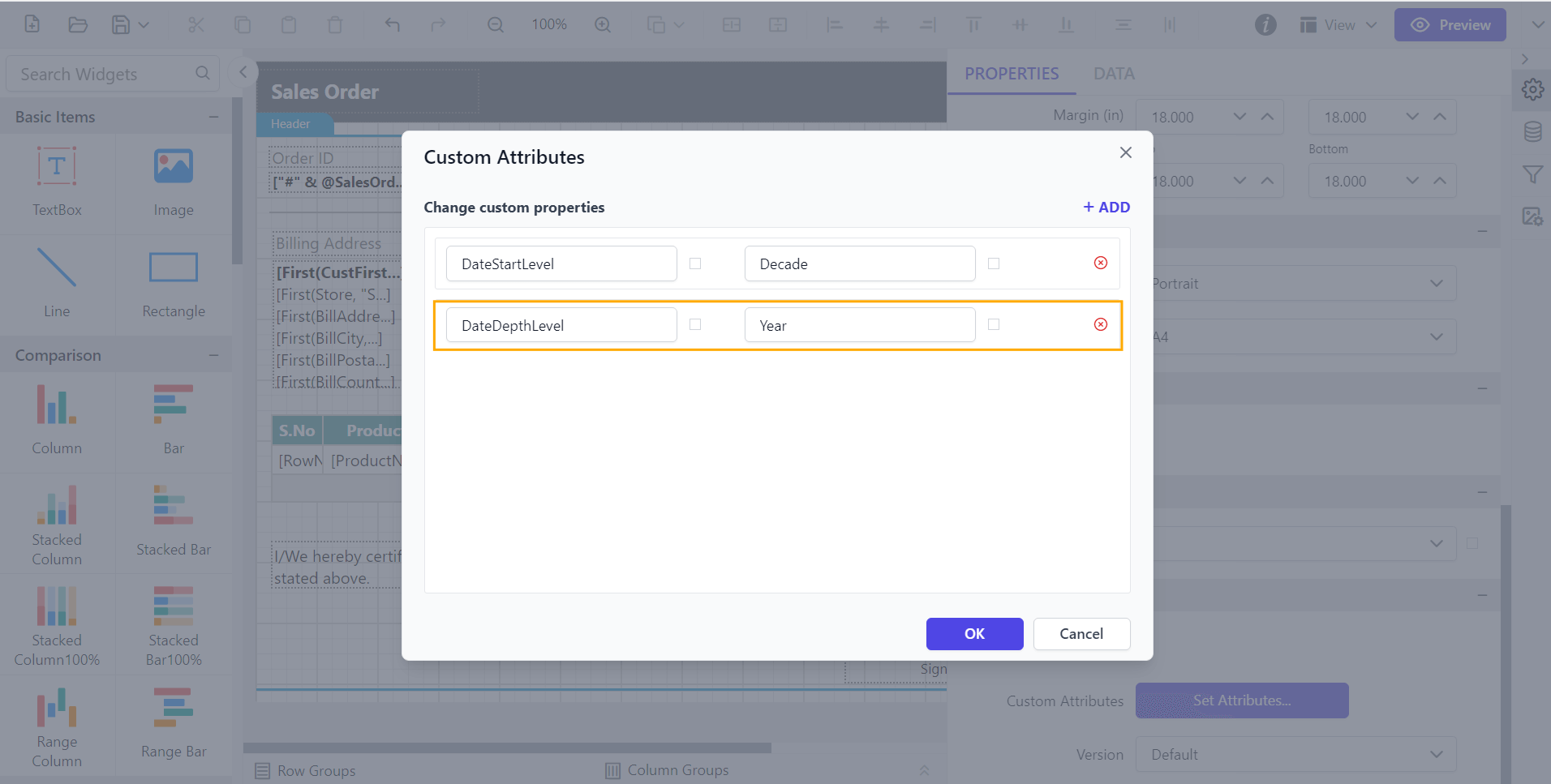 Shows configuration of DateDepthLevel property in custom property dialog