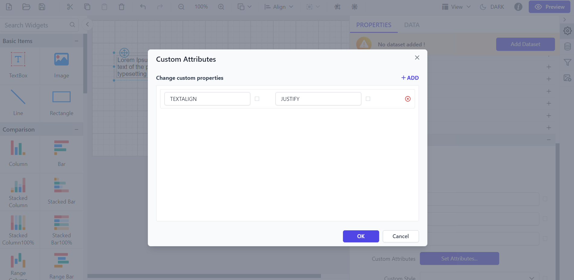 Shows configuration of text alignment property in custom property dialog