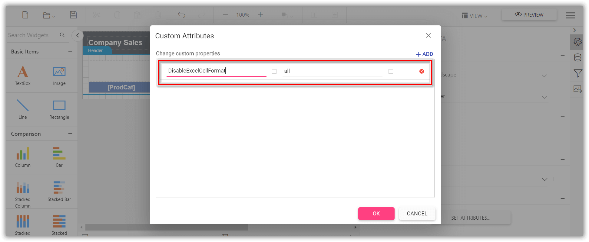 Shows the configuration of disabling excel cell format in custom property dialog