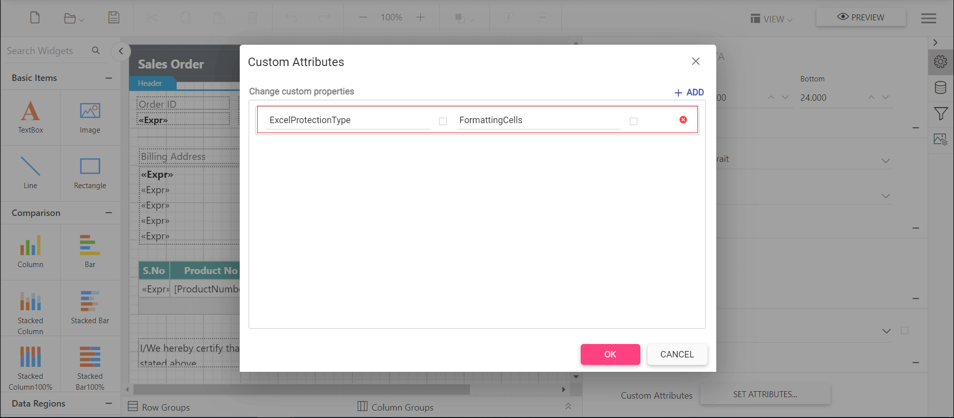 Shows the configuration of Excel protection type in custom property dialog