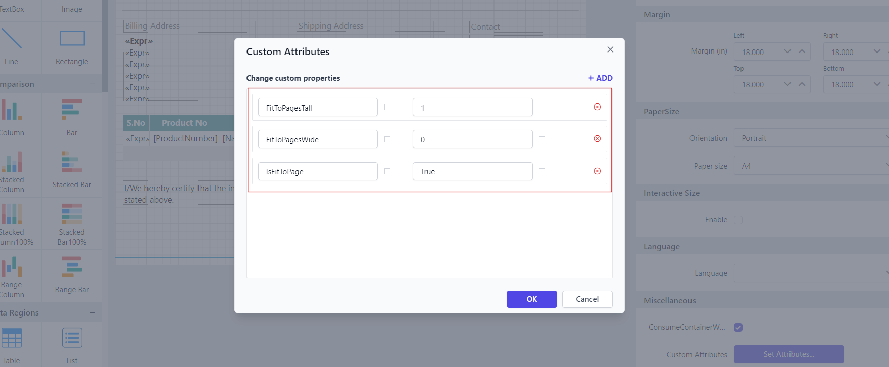 Shows the configuration of document print page layout in custom property dialog