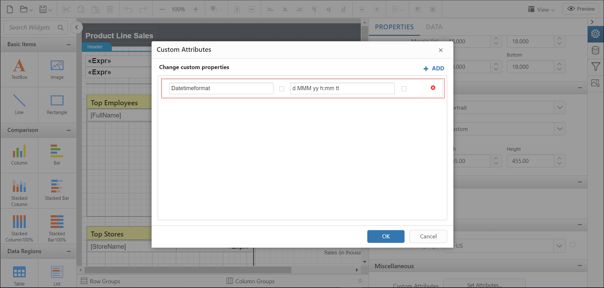 Shows configuration of date time format property in custom property dialog