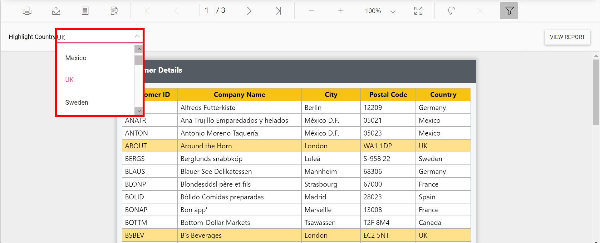 Preview of unique value parameter values in Report Viewer