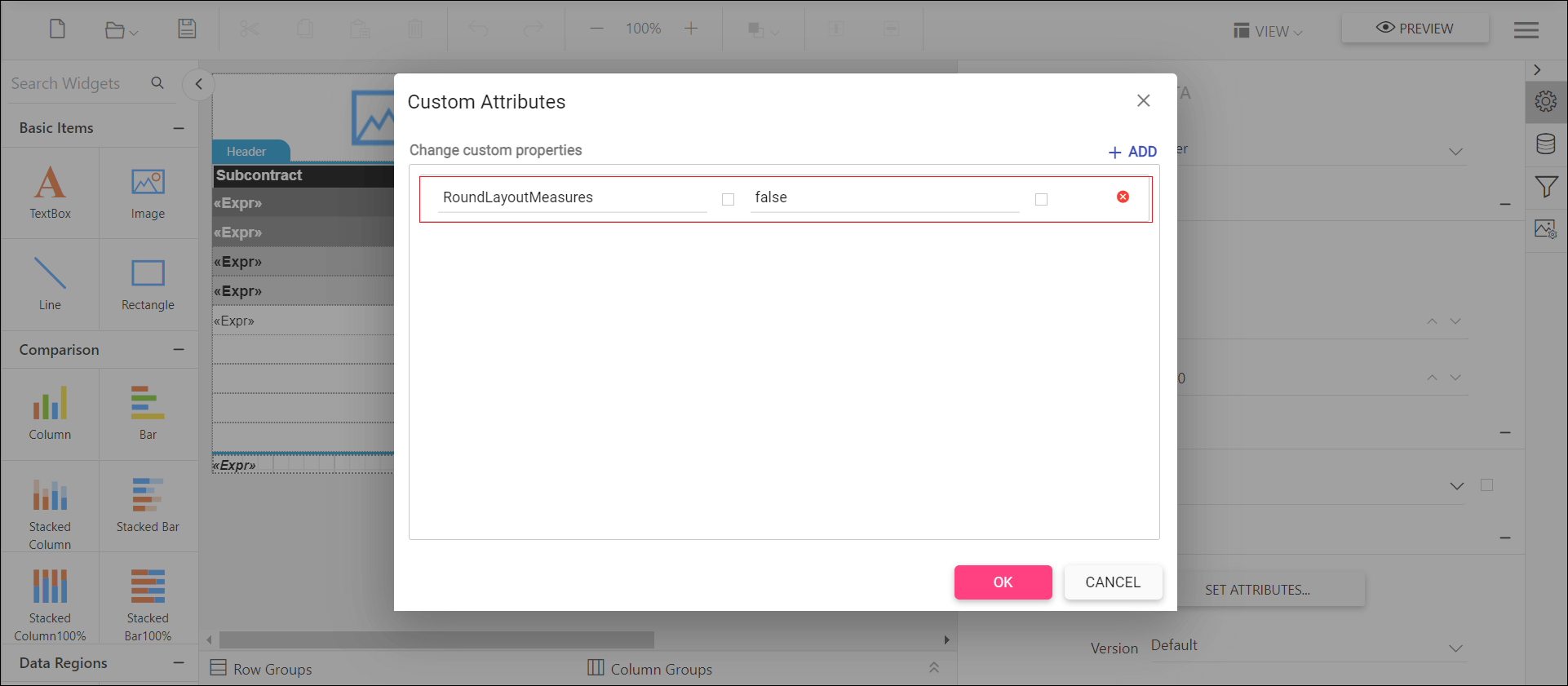 Shows configuration of round layout measures property in custom property dialog