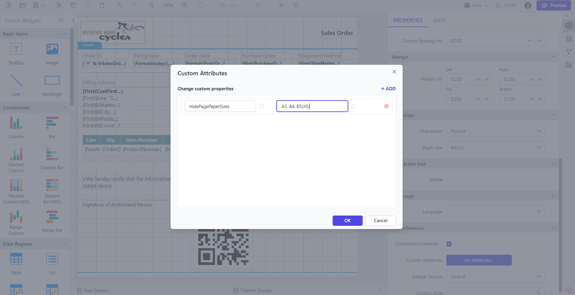 Shows configuration of HidePagePaperSizes property in custom property dialog