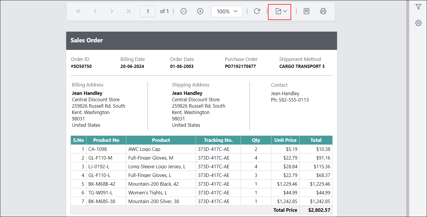 Preview of export controls in toolbar in Report Viewer