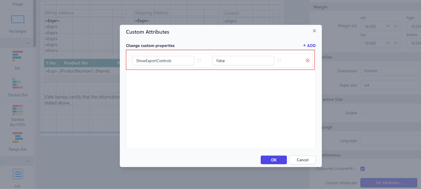 Shows configuration of ShowExportControls property in custom property dialog