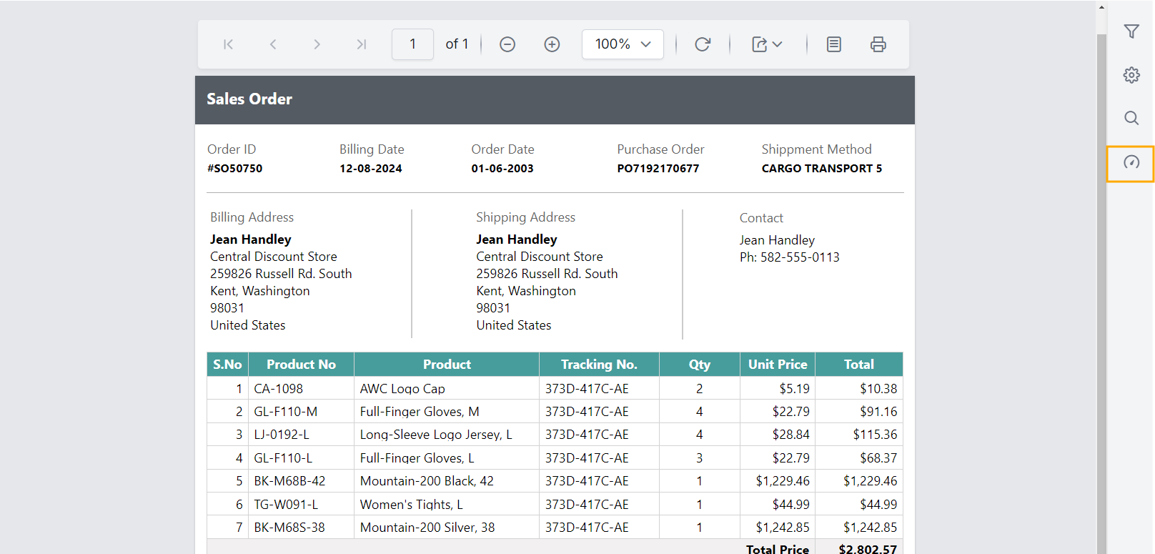 Preview of performance metrics button in Report Viewer