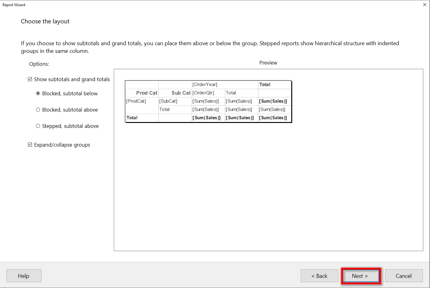 Choose table toggle, repeat header and total options