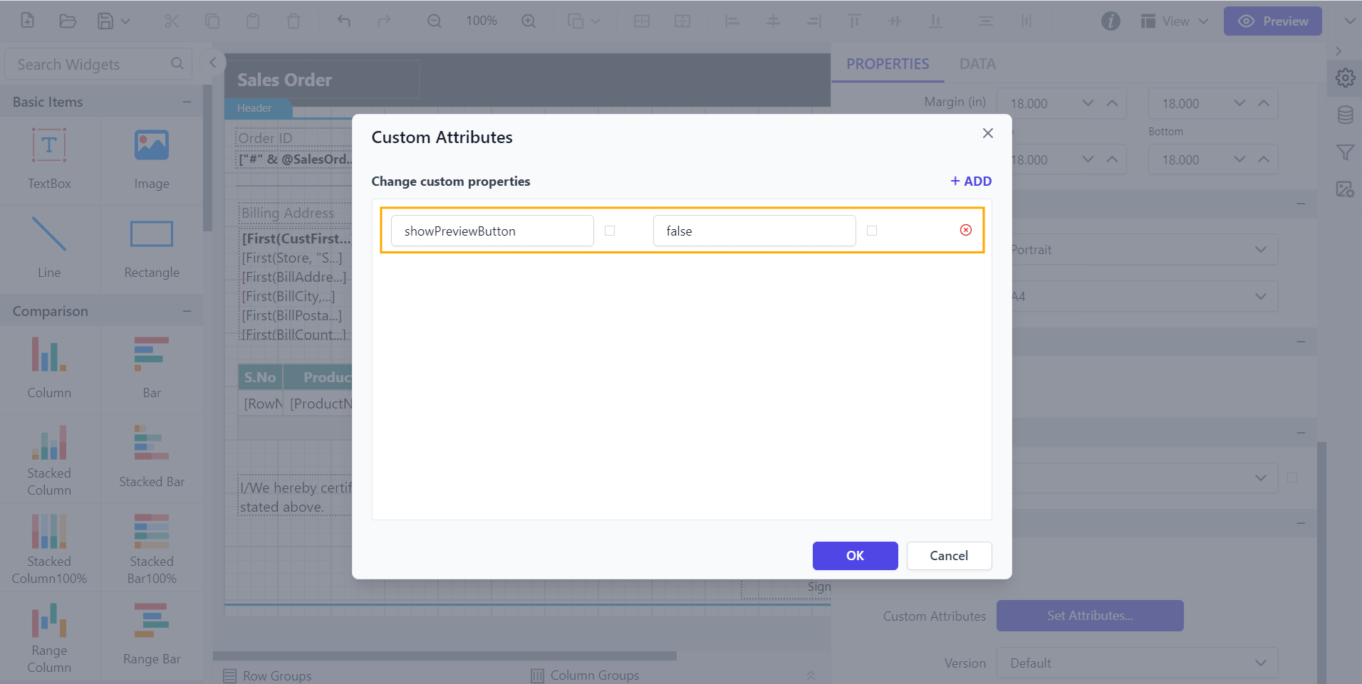 Shows configuration of ShowPreviewButton property in custom property dialog