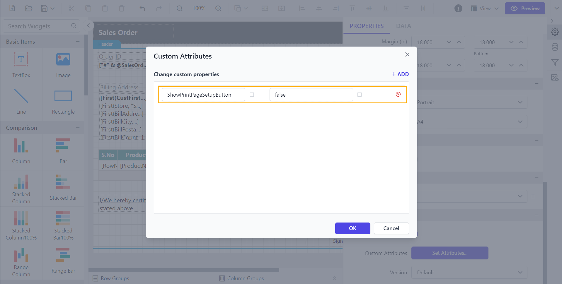 Shows configuration of ShowPrintPageSetupButton property in custom property dialog