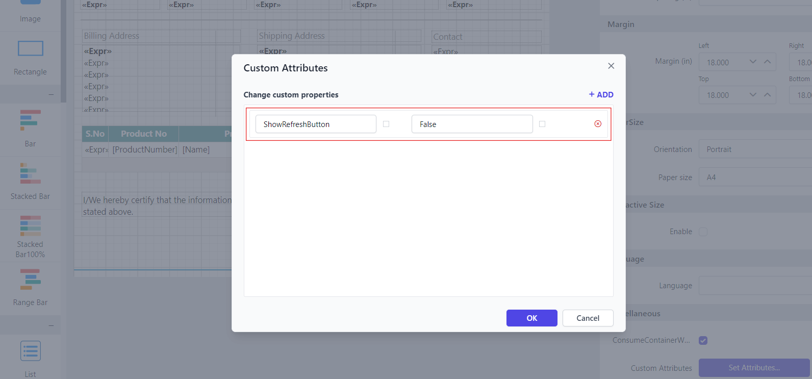 Shows configuration of ShowRefreshButton property in custom property dialog